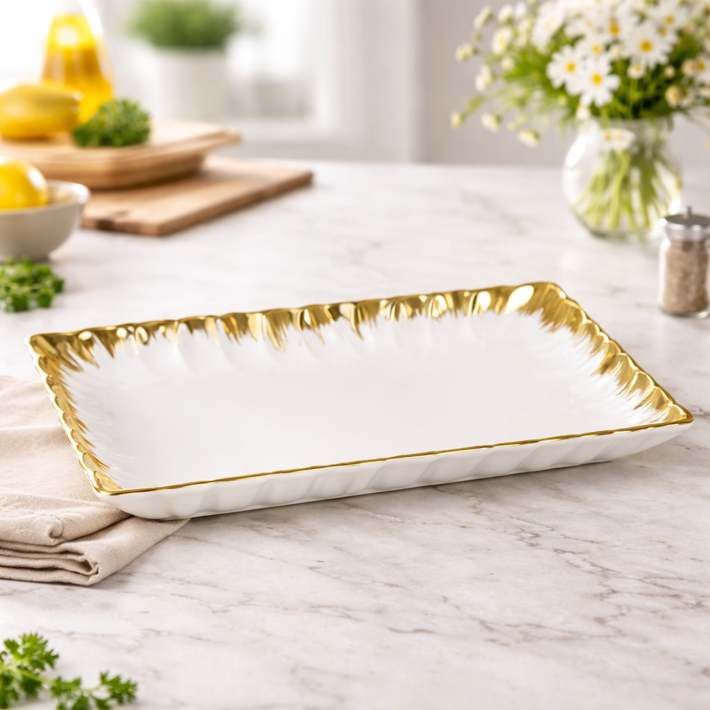 Rect. Plate – Elegant Rectangular Serving Plate with Gold Detail - Habitt