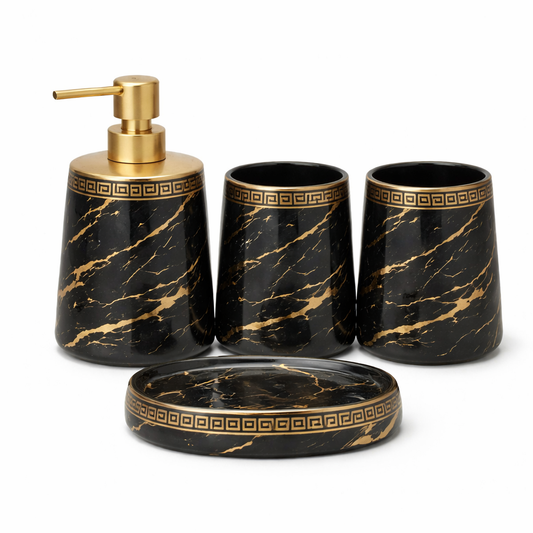 4-Piece Bathroom Accessories Set – White & Black with Gold Leaf Design Soap Dispenser, Toothbrush Holder & Soap Dish (Copy) - Habitt