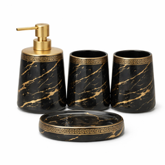 4-Piece Bathroom Accessories Set – White & Black with Gold Leaf Design Soap Dispenser, Toothbrush Holder & Soap Dish (Copy) - Habitt