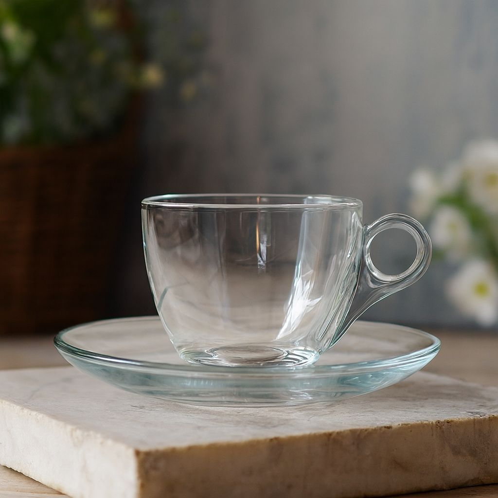Glass Cup & Saucer Set – 12-Piece Premium Clear Glassware (190 ml Cups ...