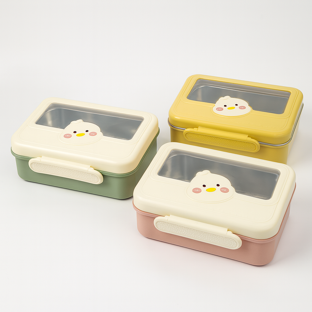 1Pc SS Lunch Box Cat Design – Dual-Section Lunch Container with Spoon (Brown, Green, White)