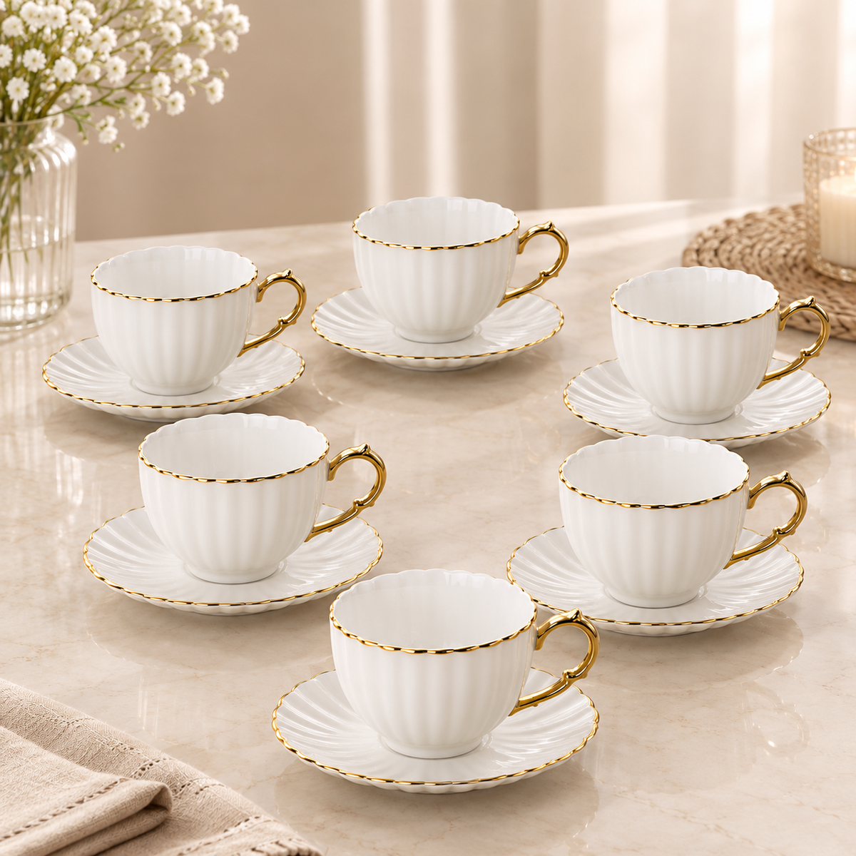 Golden Handle Porcelain Cup & Saucer Set – White & Gold