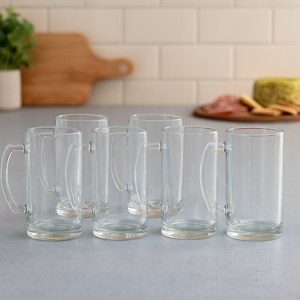 Clear Heavy-Base Glass Juice Mug 400 ml with Handle – Set of 6 | Durable Everyday Drinkware for Home & Café