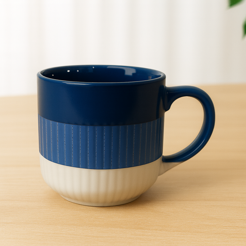 Blue & Beige Ceramic Coffee Mug – Two-Tone Textured Cup | Modern Stoneware Design