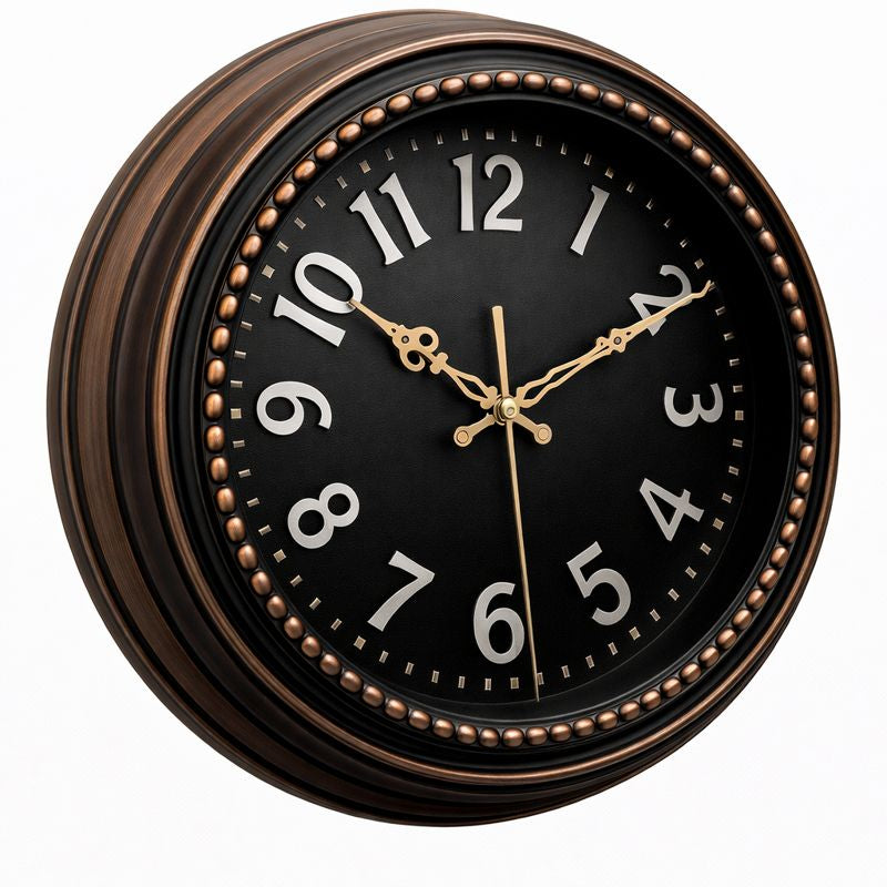 Heritage Hazel Wall Clock 14.5 Inch – Vintage Copper Finish with Black Dial & Beaded Detailing (Plastic) - Habitt