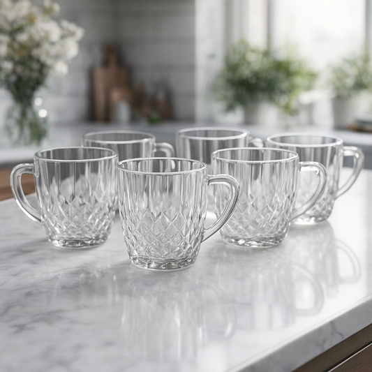 Clear Textured Glass Mug – Premium 250 ml Deli Glassware (Set of 6)