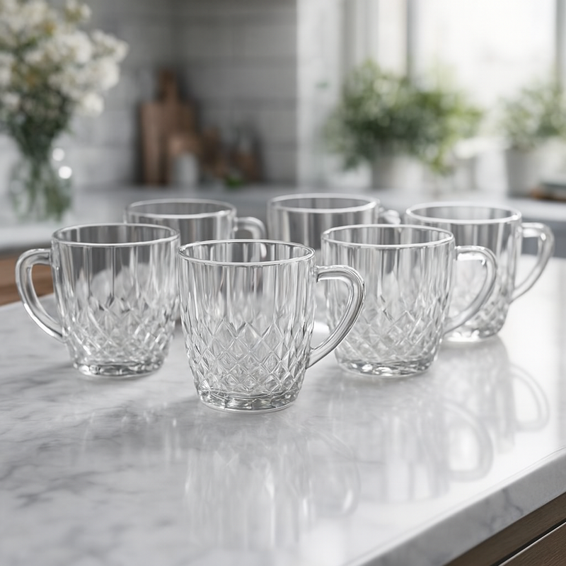 Clear Textured Glass Mug – Premium 250 ml Deli Glassware (Set of 6) - Habitt