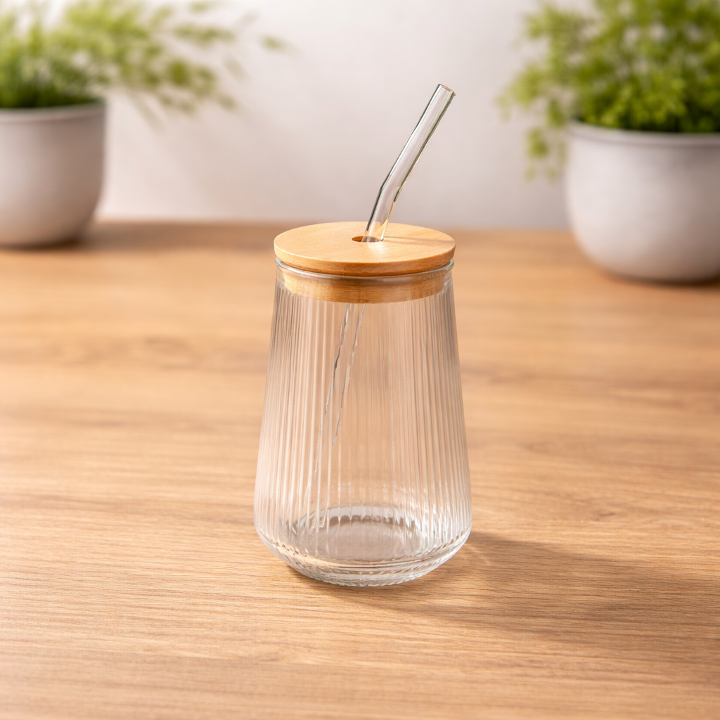Glass With Straw – Ribbed Mini Tumbler with Bamboo Lid - Habitt