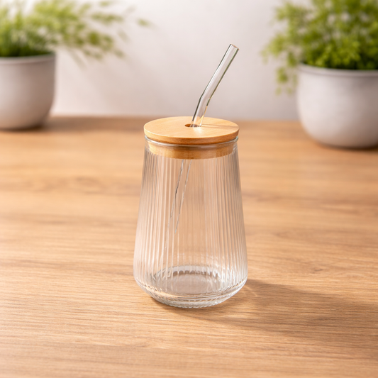 Glass With Straw – Ribbed Mini Tumbler with Bamboo Lid - Habitt