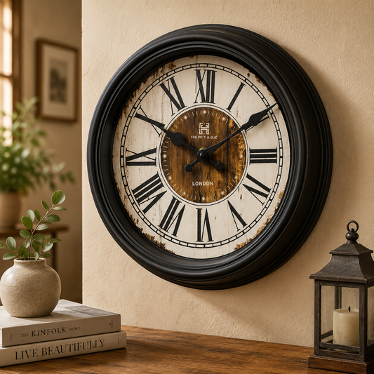 Squat Wall Clock – 10.75-Inch Heritage Roman Numeral Wall Clock with Black Frame and Wood Finish Dial