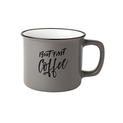 Matte Grey Ceramic Coffee Mug “But First Coffee”
