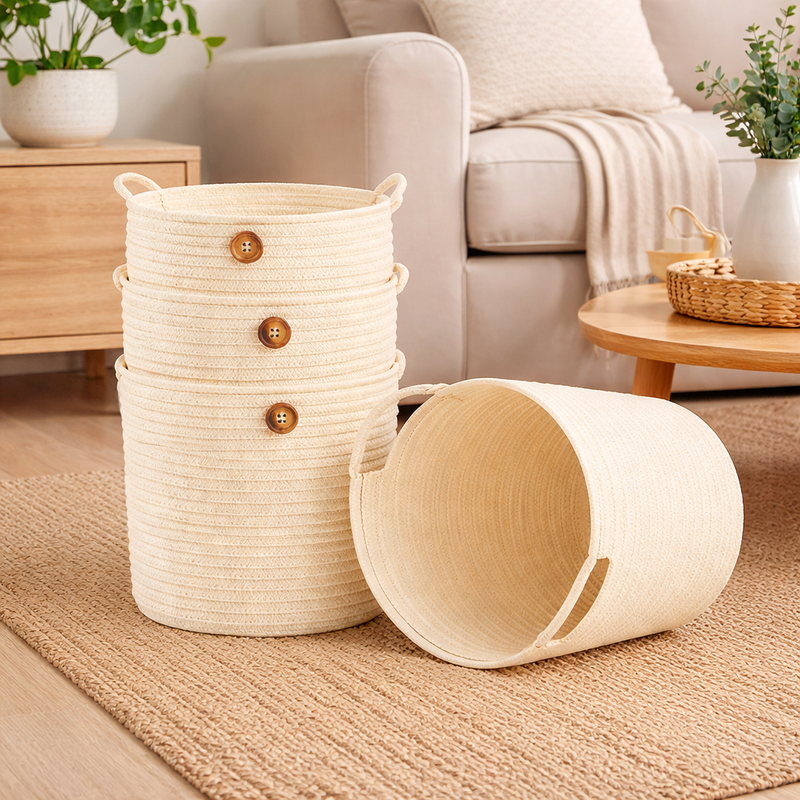 1 Pc Decorative Circular Storage Basket with Handles – Foldable Cotton Rope Organizer with Button Detail for Kitchen & Home - Habitt