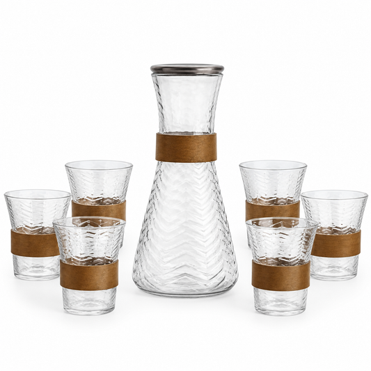 Luxury Glass Water Set 7-Piece – Brown &amp; Gold | Carafe with 6 Glasses and Metal Stand