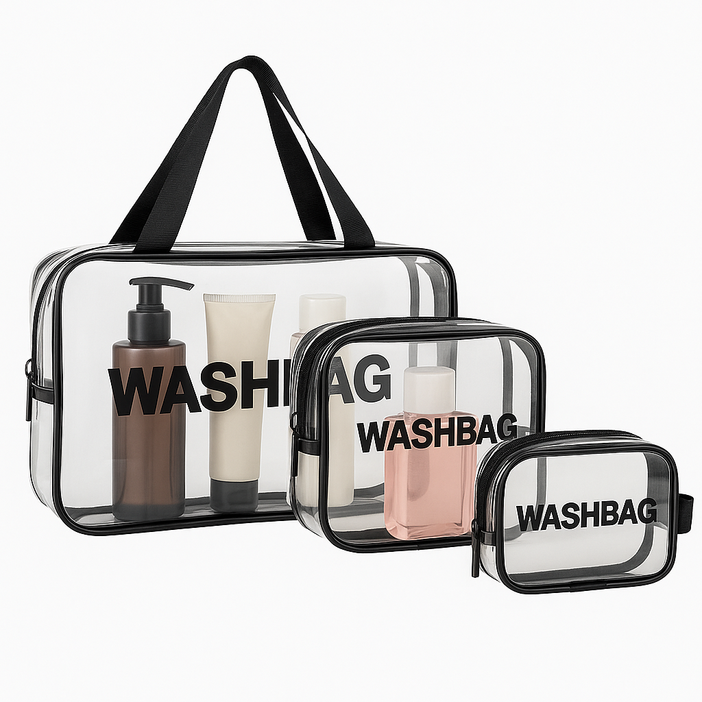 3PCS Transparent Wash Bag Set – Waterproof Travel Toiletry Organizer