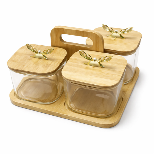 5Pcs Glass Storage Jar Set with Butterfly Knobs & Bamboo Carry Tray