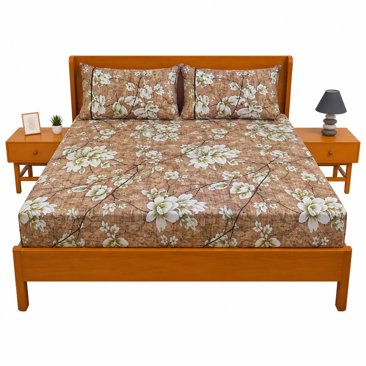 Earth-Tone Garden Print Double Bed Sheet – Elegant Floral Design