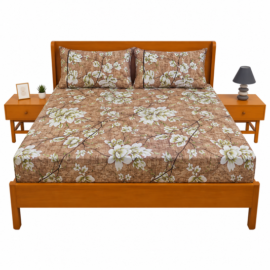 Earth-Tone Garden Print Double Bed Sheet – Elegant Floral Design