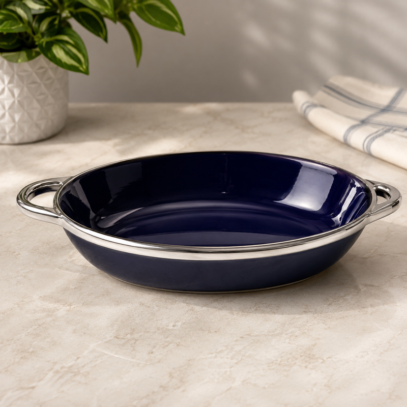Super Dine Bowl with Silver Handles | Premium Ceramic Serving Bowl
