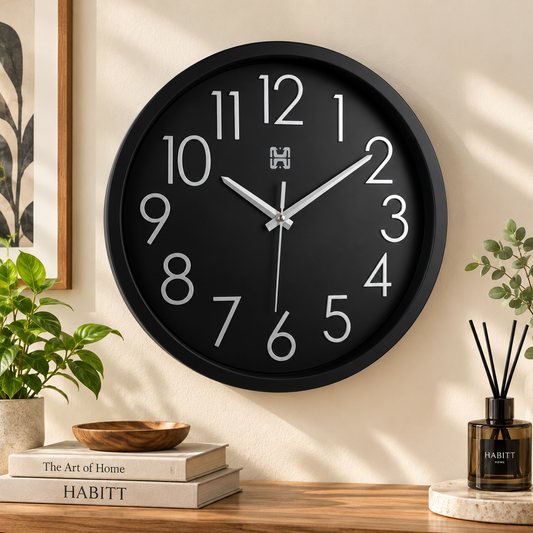 Heritage Bradford Wall Clock 14.5 Inch – Modern Black Dial with White Numerals & Minimalist Style (Plastic)