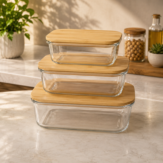 3-Piece Glass Dish Set with Wood Lids – Rectangular Food Storage Container Set