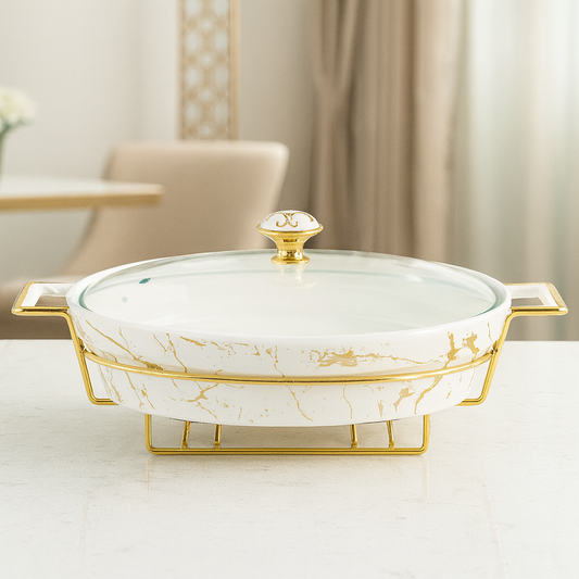 11" Oval Marble-Design Ceramic Casserole With Gold Stand – Premium Serving & Warming Dish