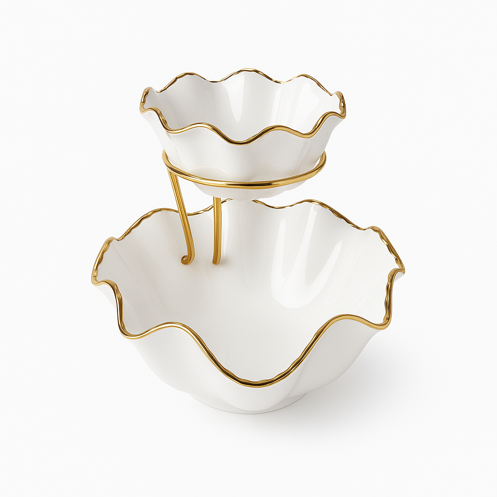 Super Dine Chip & Dip – Two-Tier White Ceramic Bowl with Gold Rim