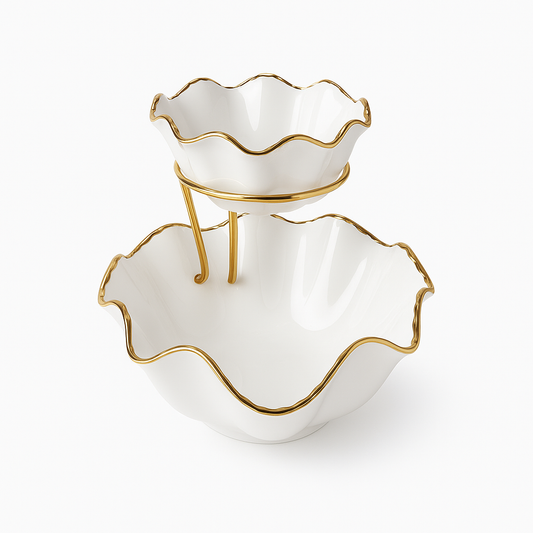 Super Dine Chip & Dip – Two-Tier White Ceramic Bowl with Gold Rim