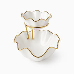 Super Dine Chip & Dip – Two-Tier White Ceramic Bowl with Gold Rim