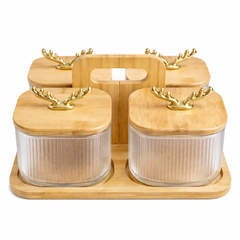 5Pcs Glass Storage Jar Set with Deer Antler Knobs & Bamboo Carry Tray