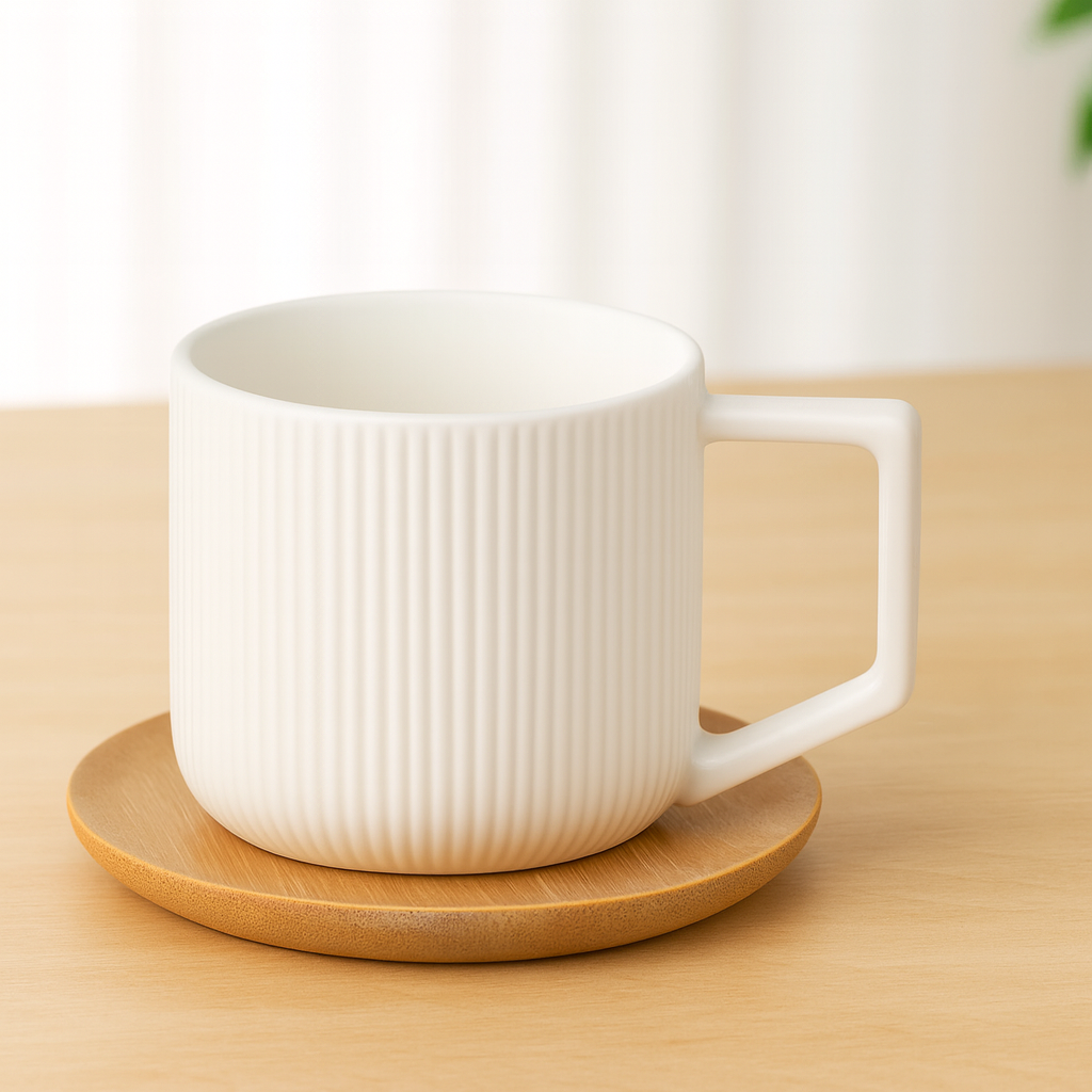 6 Pcs Cups & Bamboo Saucers – White Ribbed Ceramic Tea Set