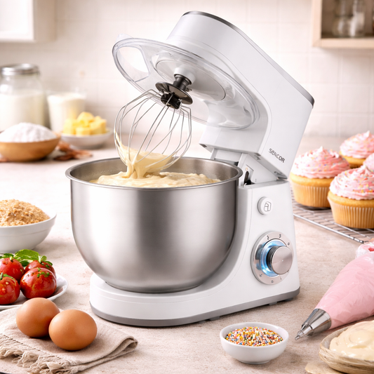 Sencor Food Stand Mixer 1300W with 5L Stainless Steel Bowl – Powerful Tilt-Head Kitchen Mixer (STM3800WH) - Habitt