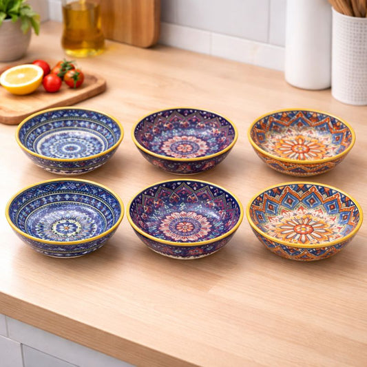 6-Piece Ceramic Bowl Set – Blue & Multicolor Mandala Pattern Bowls