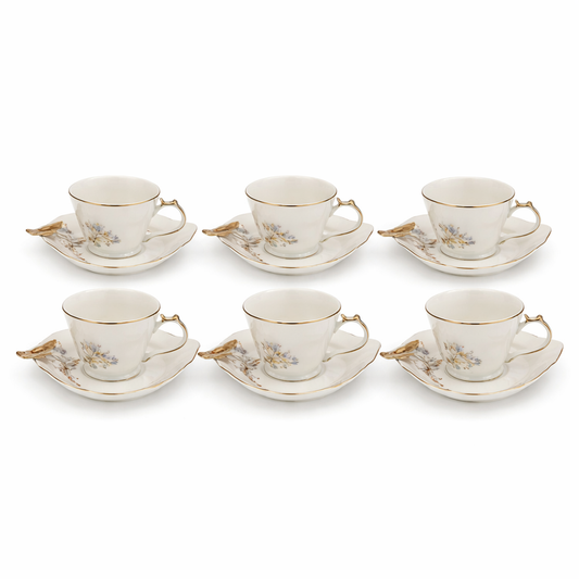 Elegant Floral Porcelain Tea Cup & Saucer Set – Set of 6 with Gold Accents