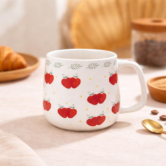 Cute Strawberry Print Ceramic Coffee Mug | Aesthetic White Tea Cup with Red Berry Design | Minimalist Kitchen Drinkware - Habitt