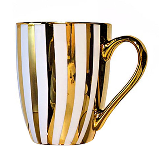 1Pc Ceramic Coffee Mug with Gold Handle – Stripes &amp; Polka Dot Design (Elegant Tea & Coffee Cup)
