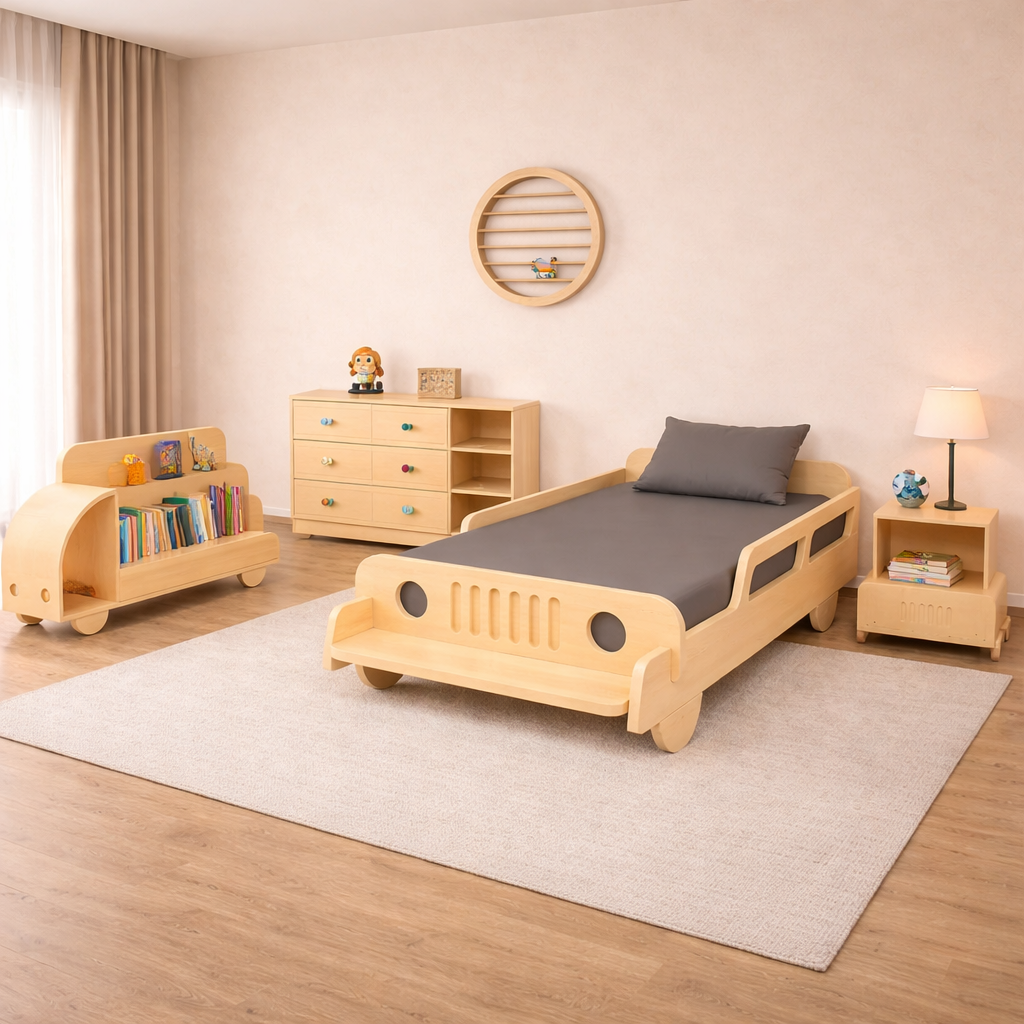 Wooden Cart Bed Set – Kids Bed with Chest of Drawers & Bookshelf - Habitt