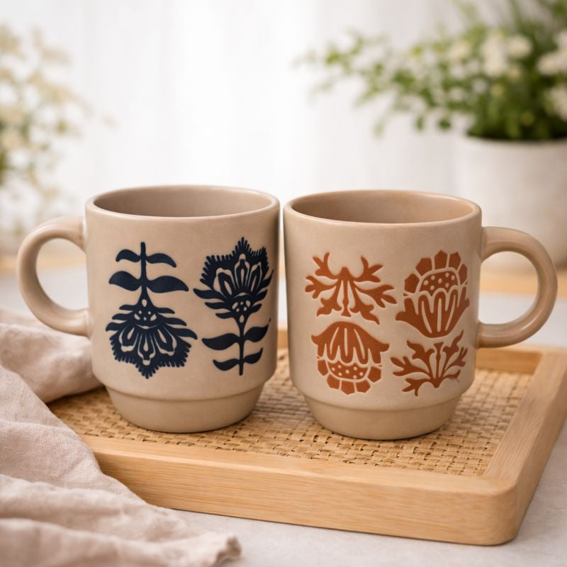 Pack of 2 Mini Ceramic Mug Set – Folk Floral Print | Small Coffee & Tea Cups