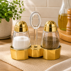 3 Pcs Salt & Pepper Set with Stand – Golden & Silver