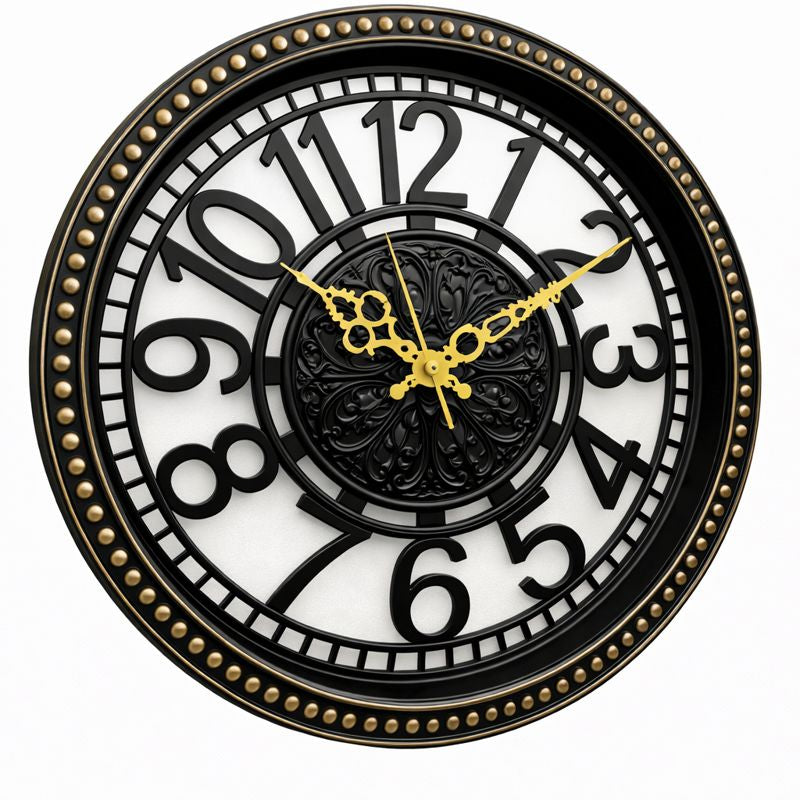 Heritage Retro Wall Clock 15 Inch – Black & Gold Vintage Design with Ornate Center and Raised Numerals (Plastic)