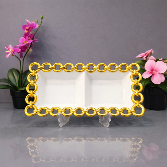 Circle Edge Rect Bowl – Elegant Rectangular Serving Bowl (Silver & Golden) - Habitt