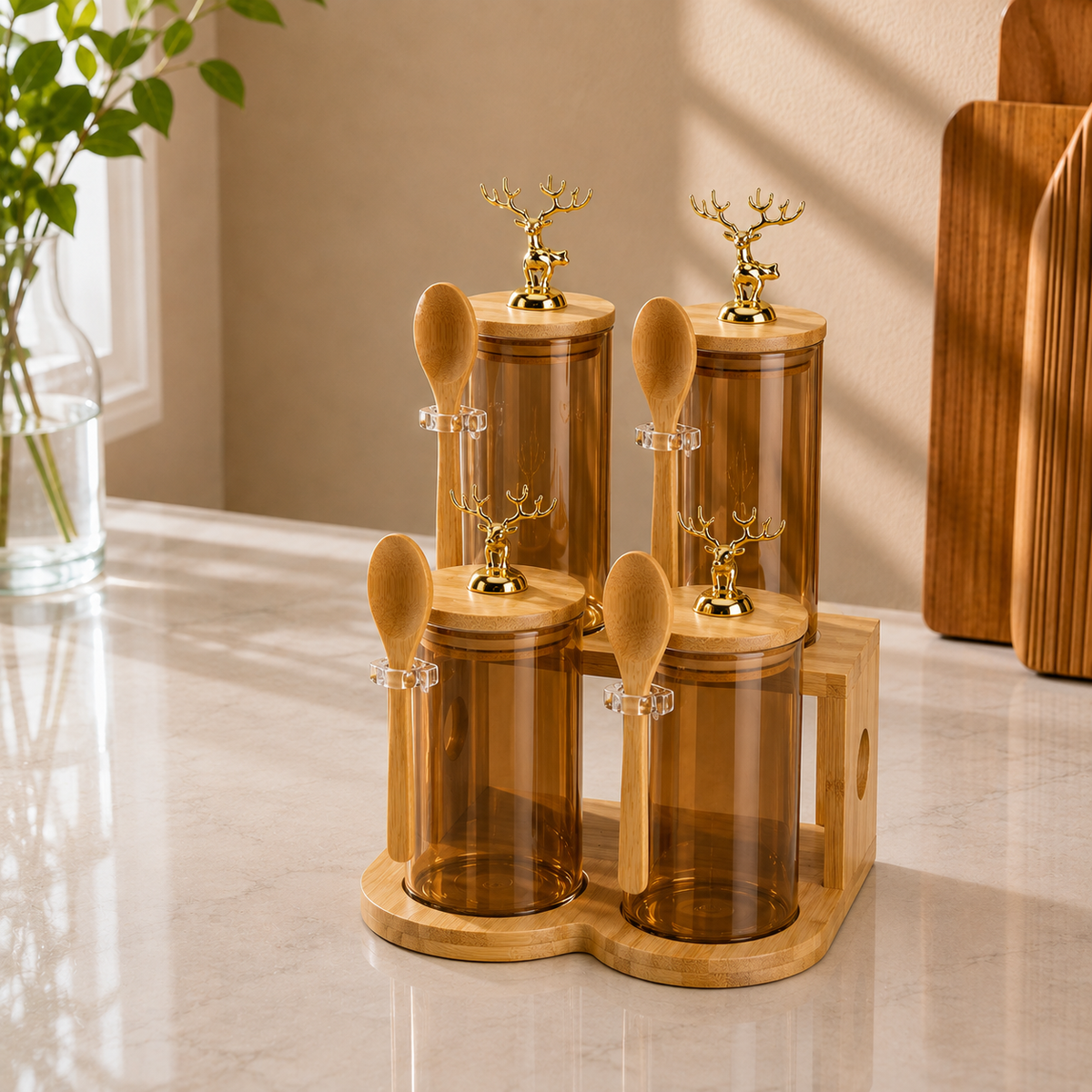 4 Piece Amber Color Preserving Jar Set with Wooden Stand | Kitchen Storage Organizer