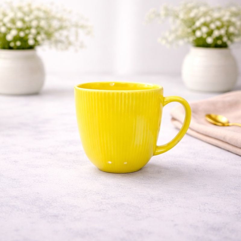 Ribbed Yellow Ceramic Coffee Mug – Gloss Finish Tea & Coffee Cup - Habitt