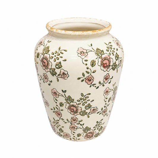 Floral Green Small Cylinder Ceramic Vase – Hand-Painted Botanical Decorative Vase for Elegant Home Styling - Habitt