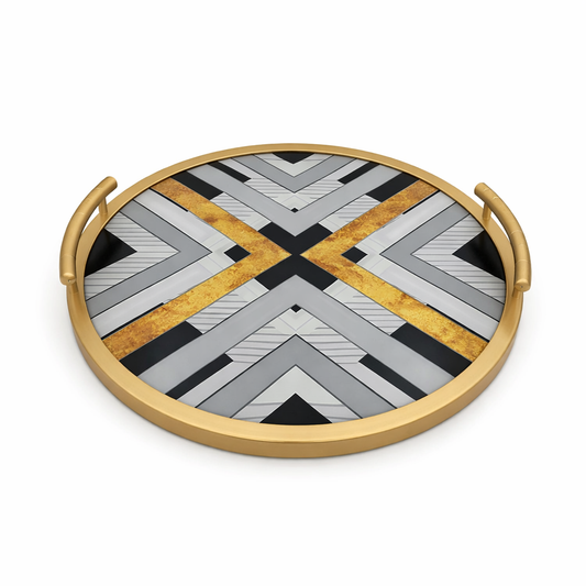 Luxury Geometric Pattern Round Serving Tray – Modern Black, Grey & Gold Decorative Tray with Handles