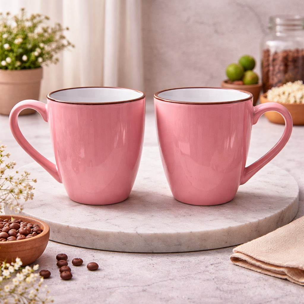 Pack of 2 Blush Pink Ceramic Coffee Mugs | Elegant Glossy Tea Cups with Gold Rim Accent - Habitt
