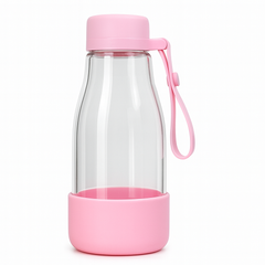 Glass Water Bottle with Pink Silicone Base & Cap – Leak-Proof Clear Bottle for School, Office & Daily Hydration