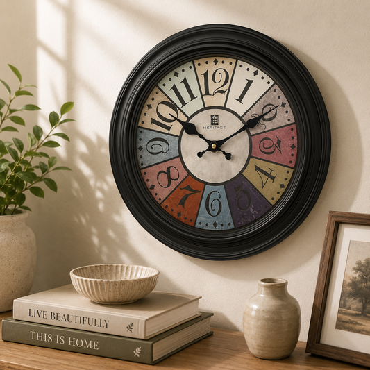 Squat Wall Clock – 10.75-Inch Vintage Multicolor Numeral Wall Clock with Black Frame