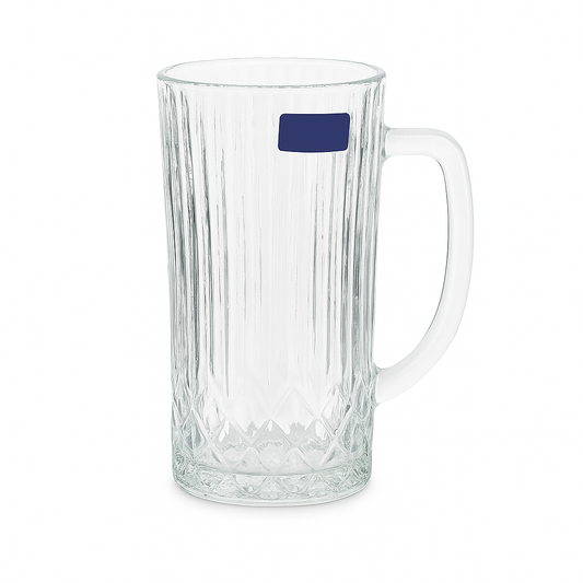 Ribbed Clear Glass Juice Mug 320 ml with Handle – Pack of 6 | Elegant Textured Drinkware for Home & Café