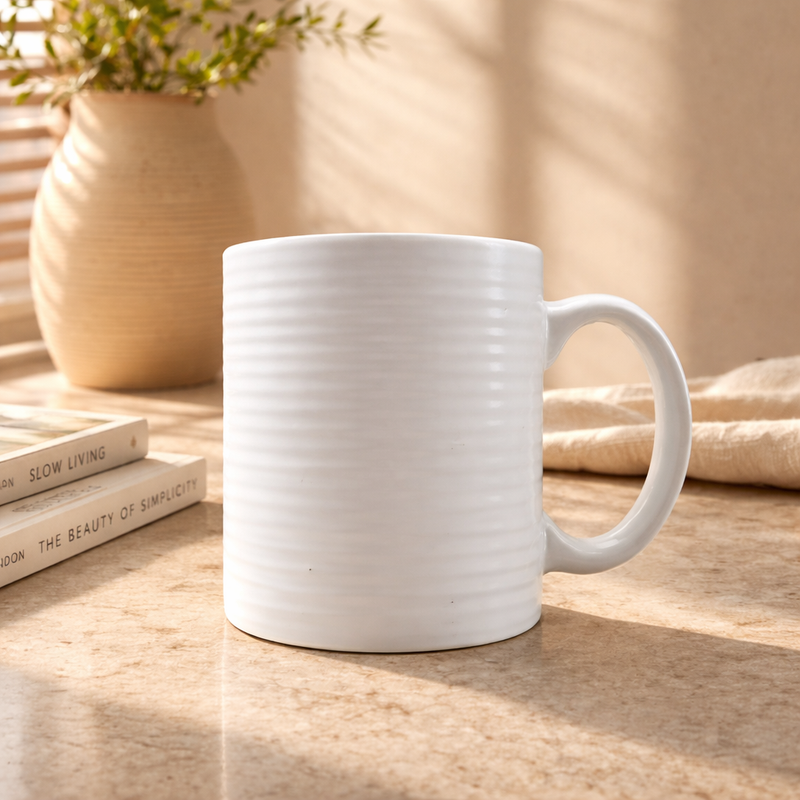 White Ribbed Ceramic Coffee Mug | Modern Textured Tea Cup with Glossy Finish - Habitt