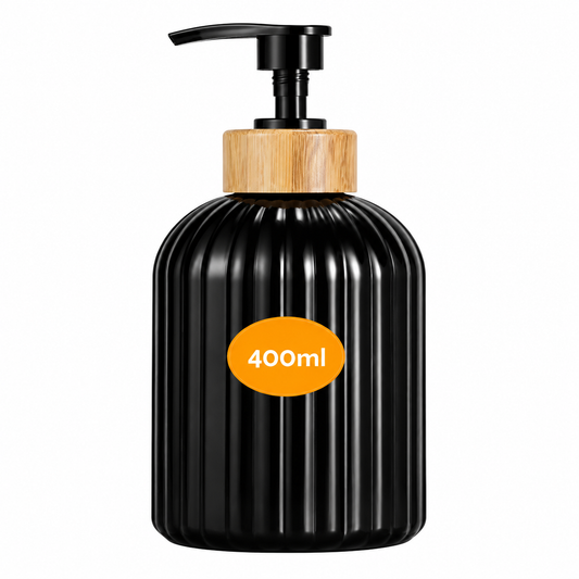 Ribbed Glass Soap Dispenser with Wood Neck – Black & White